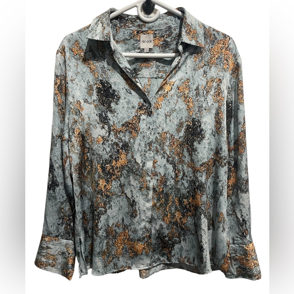 Nic+Zoe globe trotter woven blouse, size S, blue, EUC